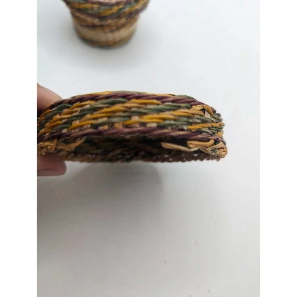 Hand Woven Basket w Lid - Wicker Ethnic Grass Straw Boho Tiny -  Green Yellow